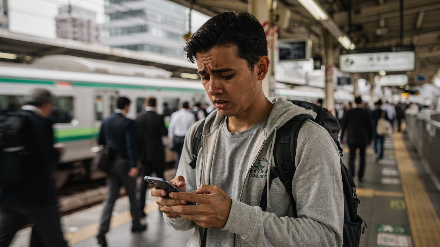 一位旅行者在東京新宿站的月台上,焦急地查看手機,屏幕上顯示著「無服務」的提示,背景是來來往往的行人。