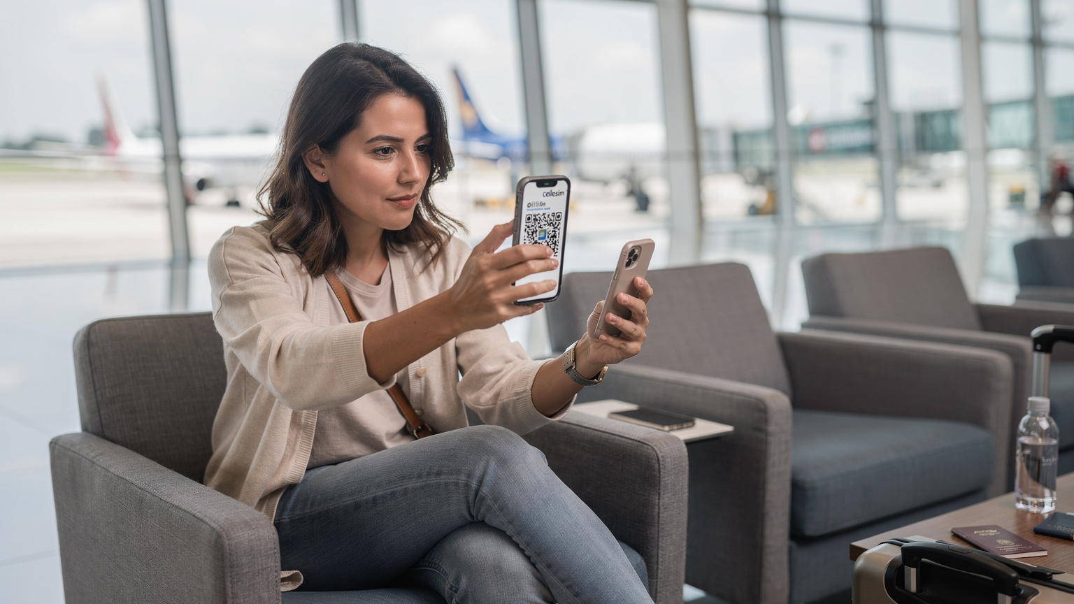 一位旅客在機場候機大廳,用另一台手機展示 Cellesim 發送的 eSIM QR Code,她專注地將 QR Code 對準她手中的 iPhone 屏幕,準備掃描。