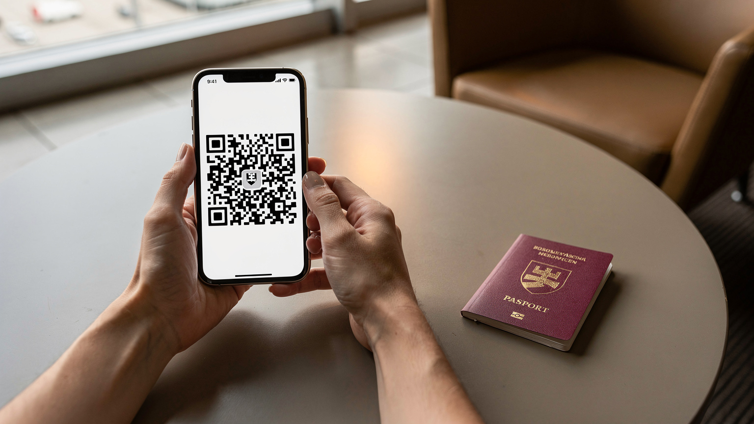 Detailný záber na ženské ruky držiace smartfón s QR kódom na obrazovke a cestovný pas vedľa neho, osvetlené teplým svetlom letiskovej haly.