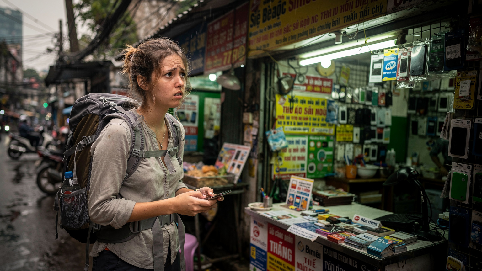 A traveler with a worried expression, holding her phone, standing in front of a confusing array of local SIM card advertisements at a small, dimly lit shop near a bus station in Southeast Asia.