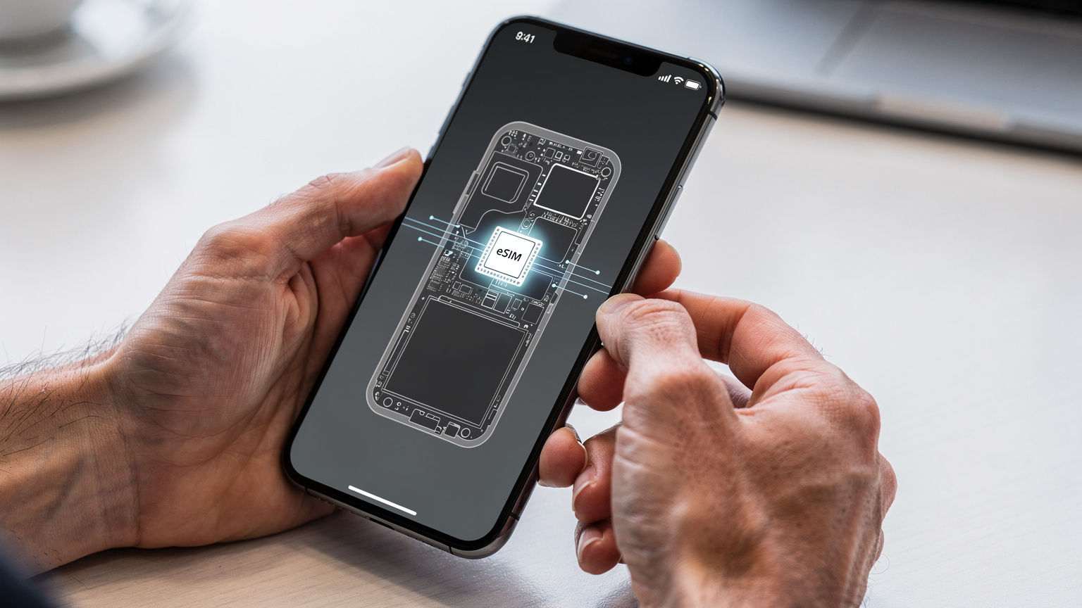 A close-up of a traveler's hands holding a smartphone, with a simplified diagram of an eSIM chip integrated into the device's logic board on the screen.