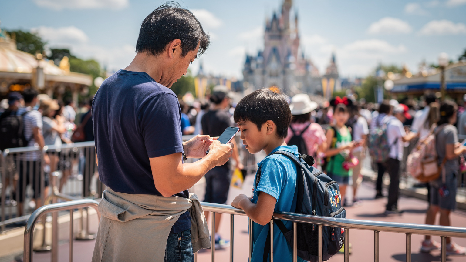 東京ディズニーランドのアトラクション待ち列で、父親が子供のiPhoneのデータローミング設定をオフにしている様子。背景にはシンデレラ城の一部が見える。
