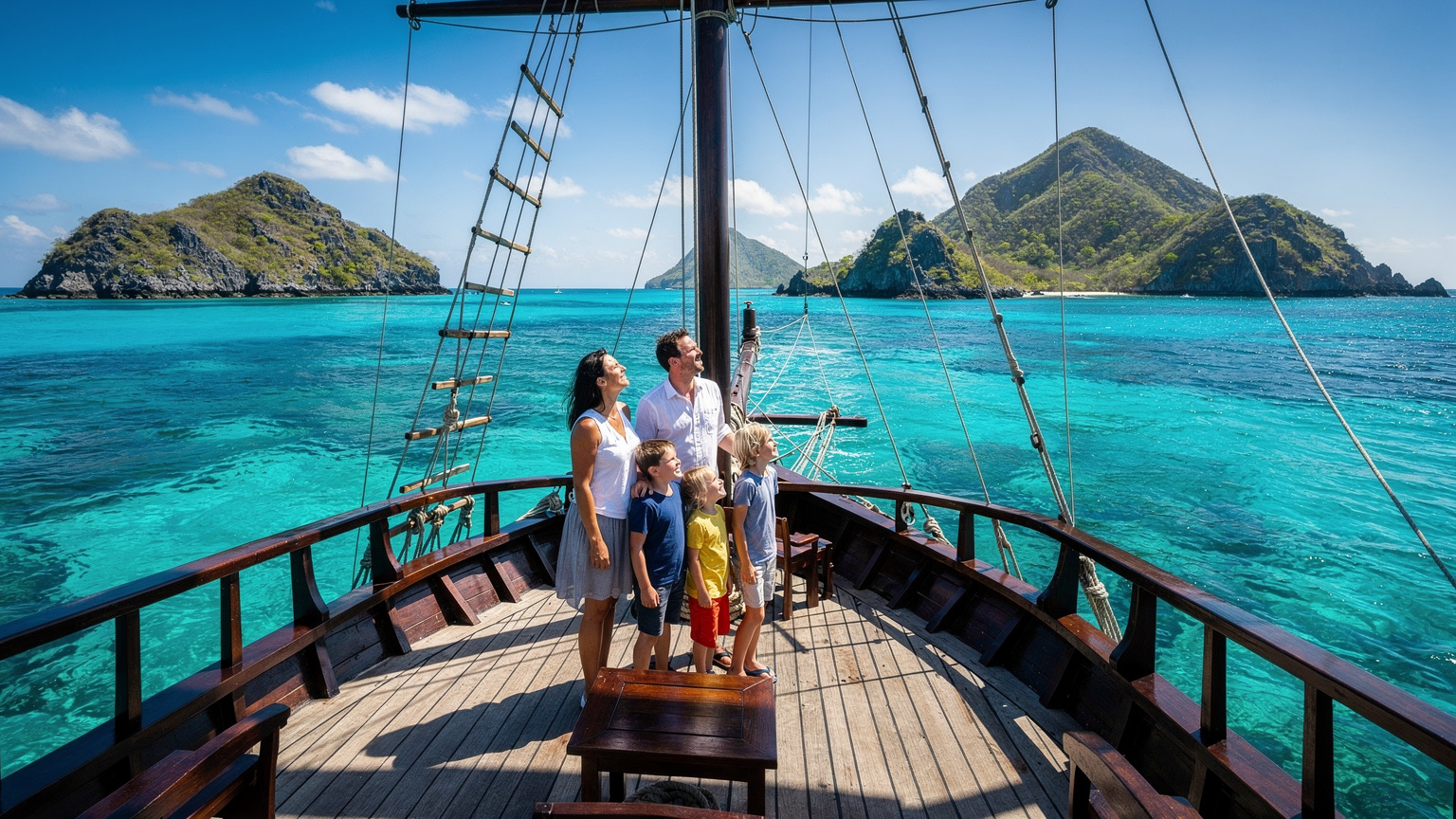 A family of four, including two kids, looking out from the deck of a traditional Indonesian phinisi boat, sailing between small, lush islands in Komodo National Park, with clear turquoise waters and a bright blue sky.