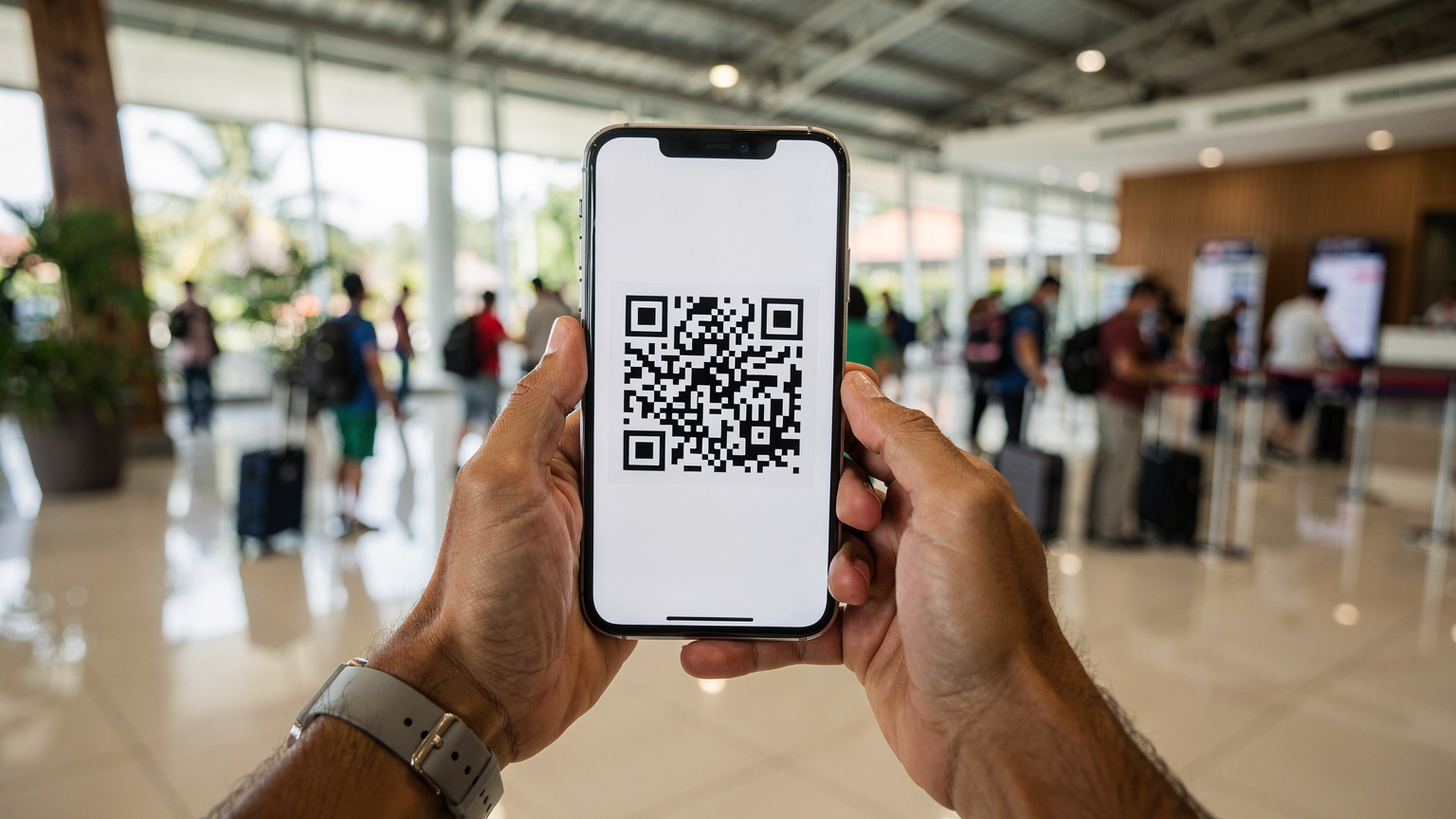 A traveler holding their smartphone with a QR code visible on the screen, ready to scan it for eSIM activation, standing in the bright and modern arrivals hall of Ngurah Rai International Airport in Bali, with bustling activity in the background.