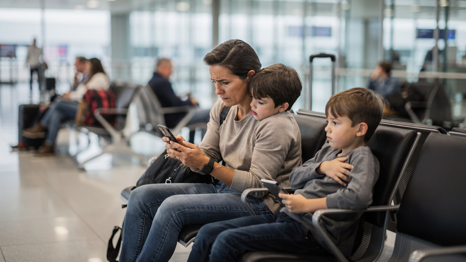 A concerned parent, sitting on a bench in a crowded airport waiting area, looking intently at their smartphone screen, with an older child beside them looking a bit bored and a younger child playing quietly on a tablet in the background.