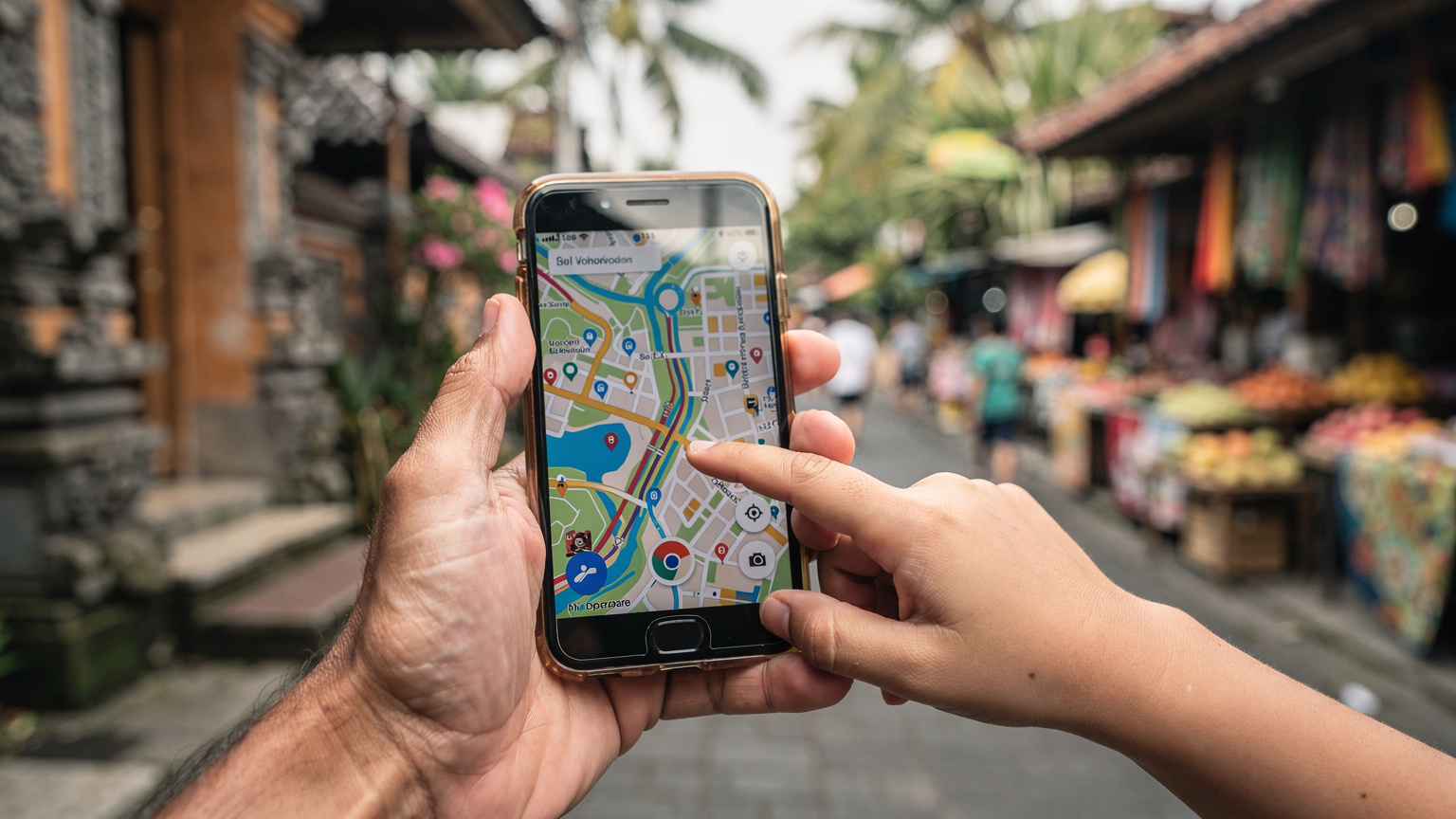 Close-up of a parent's hands holding a smartphone, with a child's hand pointing at the screen, looking at a map application, with a blurred background of a street in a Balinese town, indicating active navigation.