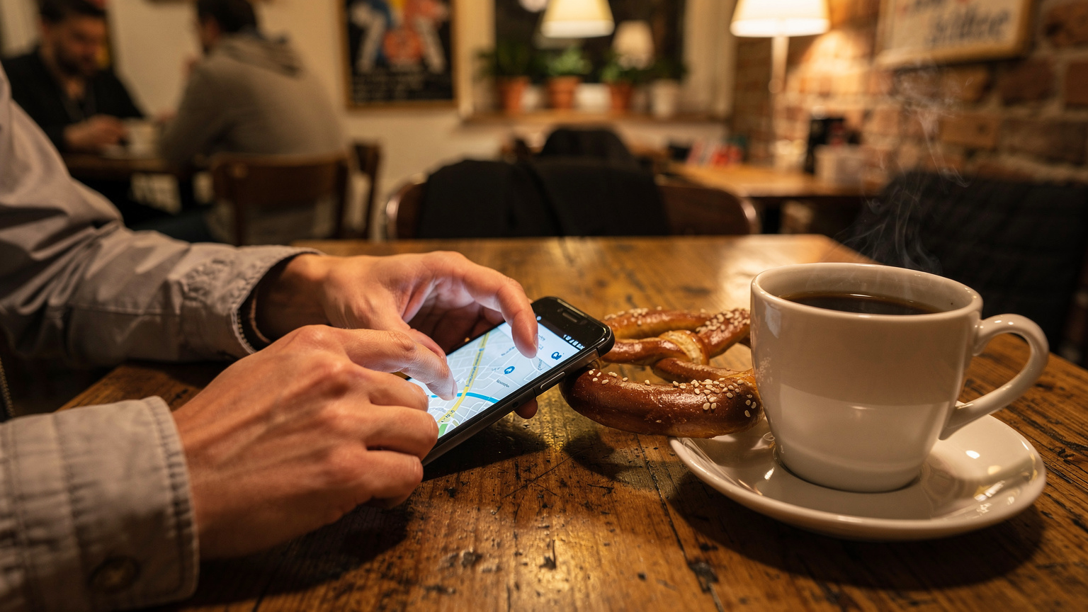 En bild som visar en resenär som navigerar på en karta i sin telefon med en traditionell tysk Brezel och en kopp kaffe på ett bord framför sig, fångad i ett mysigt kafé i Berlin.