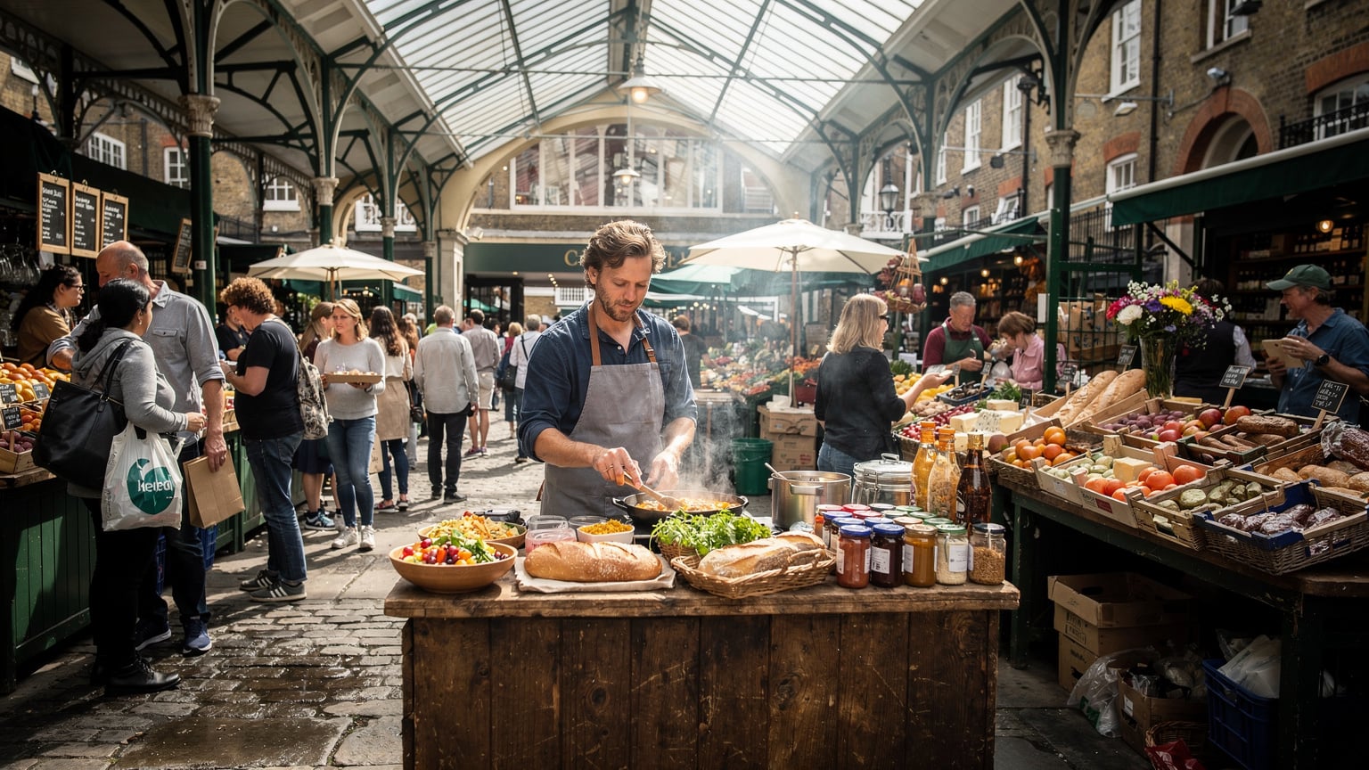 Un vivace mercato all'aperto a Londra, come il Borough Market, con persone che passeggiano e interagiscono, mentre un venditore di street food prepara il cibo in primo piano, catturando l'atmosfera autentica della vita urbana inglese.