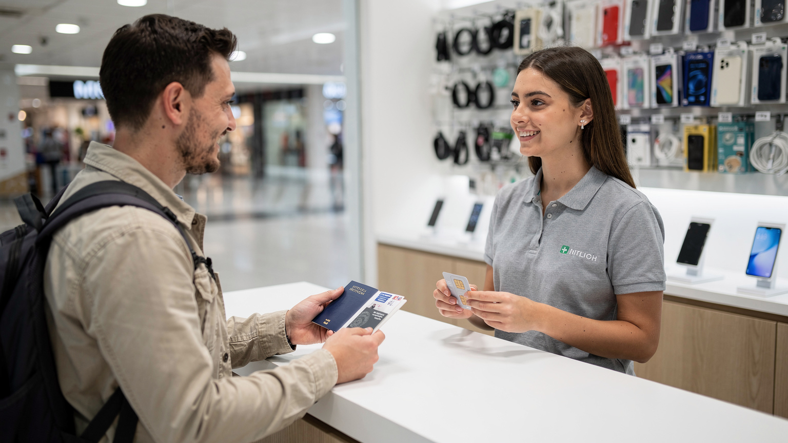 Un viaggiatore sta acquistando una SIM fisica in un piccolo negozio di telefonia all'interno di un centro commerciale a Birmingham, mostrando il passaporto al commesso, in un'illustrazione dei metodi di connessione tradizionali.