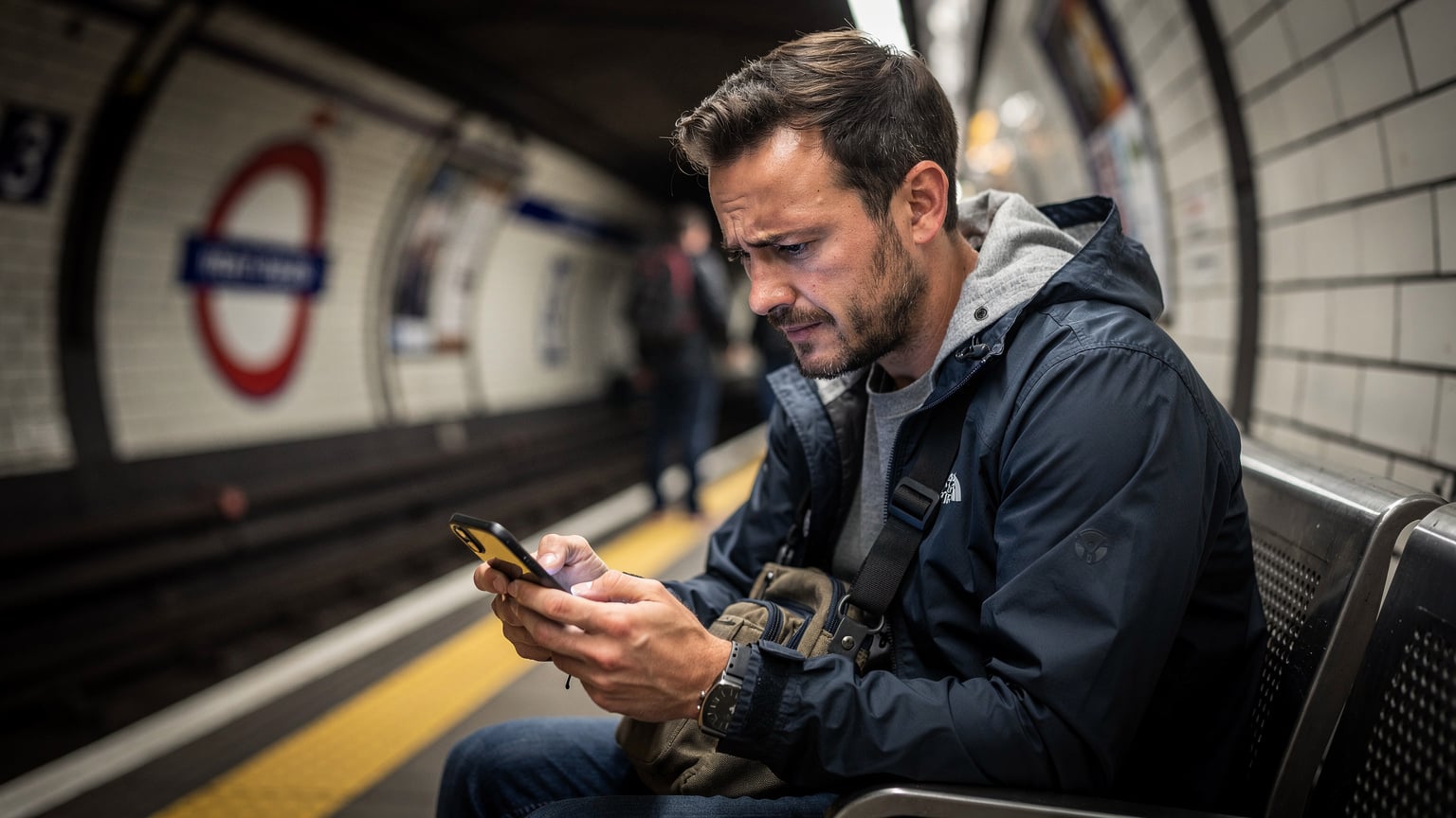 Un viaggiatore guarda il suo smartphone con un'espressione di preoccupazione, mentre è seduto su una panchina di una stazione della metropolitana di Londra, forse alle prese con problemi di connessione o costi di roaming inattesi.