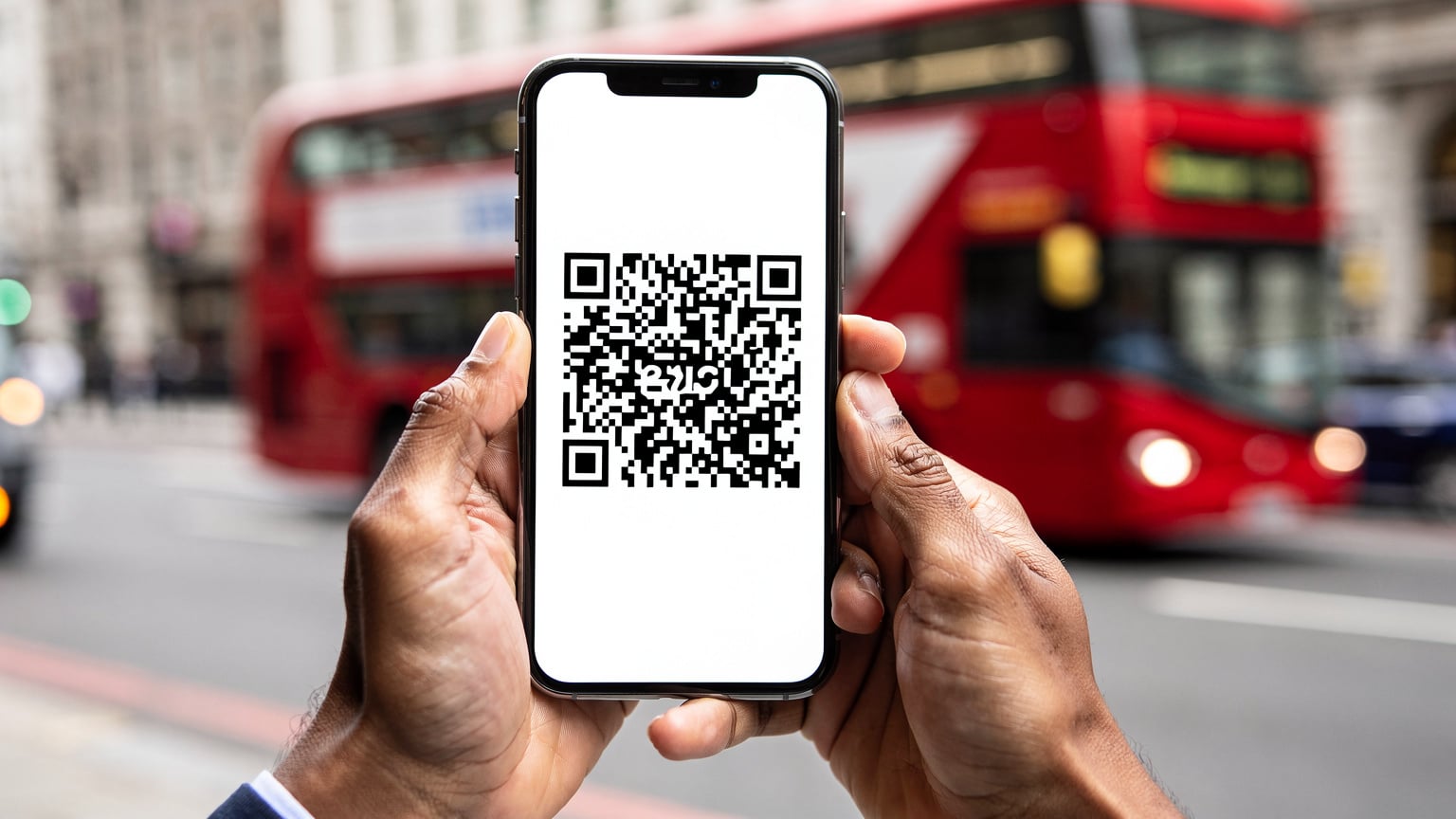 Delle mani tengono uno smartphone mostrando un codice QR sullo schermo, simbolo di facile attivazione di un'eSIM, con uno sfondo sfocato di un iconico bus rosso a due piani che passa per una strada di Londra.