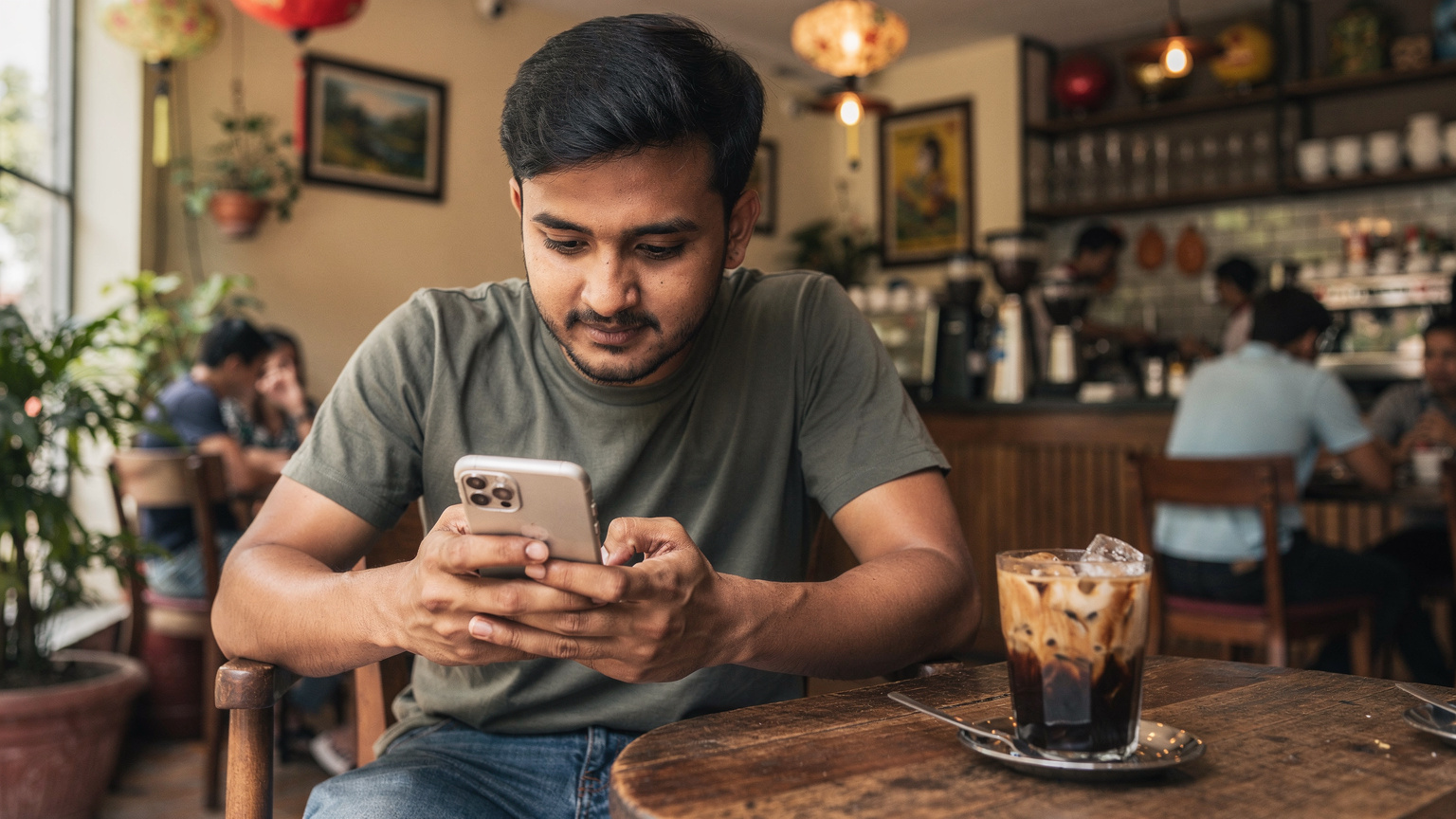 एक भारतीय यात्री वियतनाम के एक कैफे में अपने iPhone पर डुअल सिम सेटिंग्स मैनेज कर रहा है, उसके सामने एक कप वियतनामी कॉफ़ी रखी है.