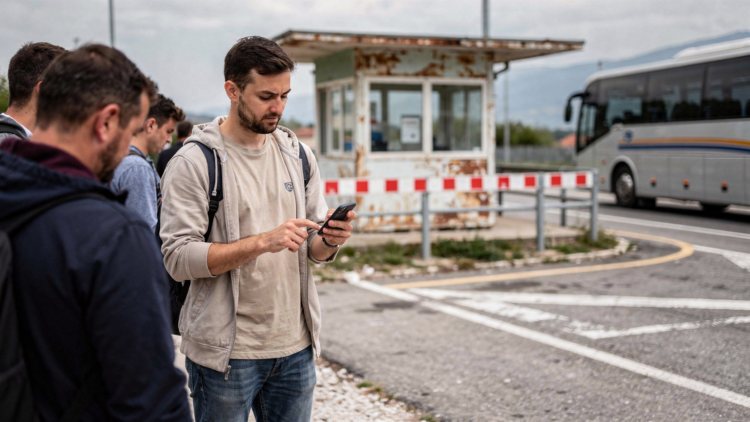 Bir Sırp-Karadağ sınır kapısında, pasaport kontrolü için beklerken telefonunda eSIM ayarlarını kontrol eden bir yolcu.