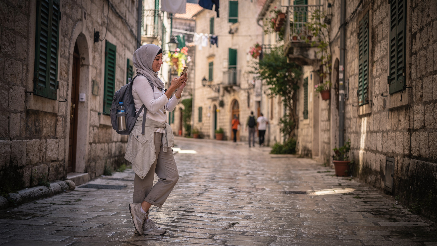 Kotor'un tarihi sokaklarında, elinde telefonla bir sonraki durağını kontrol eden bir sırt çantalı gezgin.