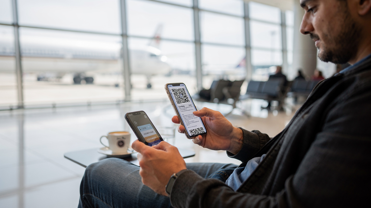 Bir Türk gezgin, İstanbul Havalimanı'nda uçağını beklerken telefonundan Cellesim QR kodunu tarayarak eSIM'ini kuruyor.