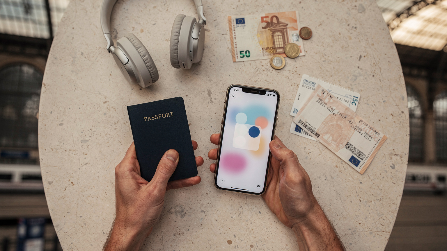 Un traveler alla stazione di Milano Centrale, con un passaporto in mano e uno smartphone che mostra un'applicazione di viaggio. È circondato da valigie e passeggeri, in una luce calda e diffusa che entra dalle grandi finestre. L'inquadratura è un close-up sulle mani e gli oggetti, stile fotografia di prodotto in contesto per Wirecutter.