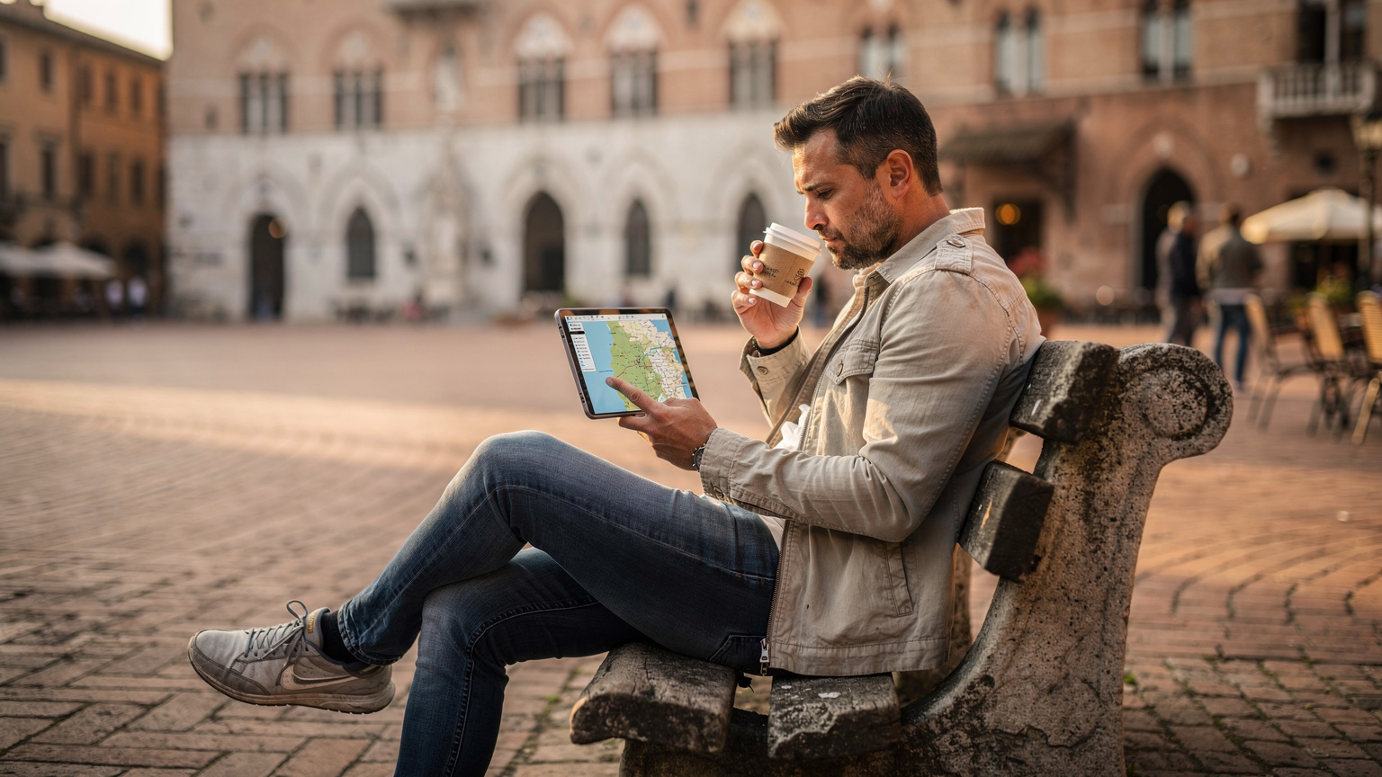Un traveler seduto su una panchina in Piazza del Campo a Siena, Italia, con una tazza di caffè e un tablet aperto su una mappa della Toscana. La luce è quella morbida del mattino, che crea un'atmosfera rilassata e invitante.