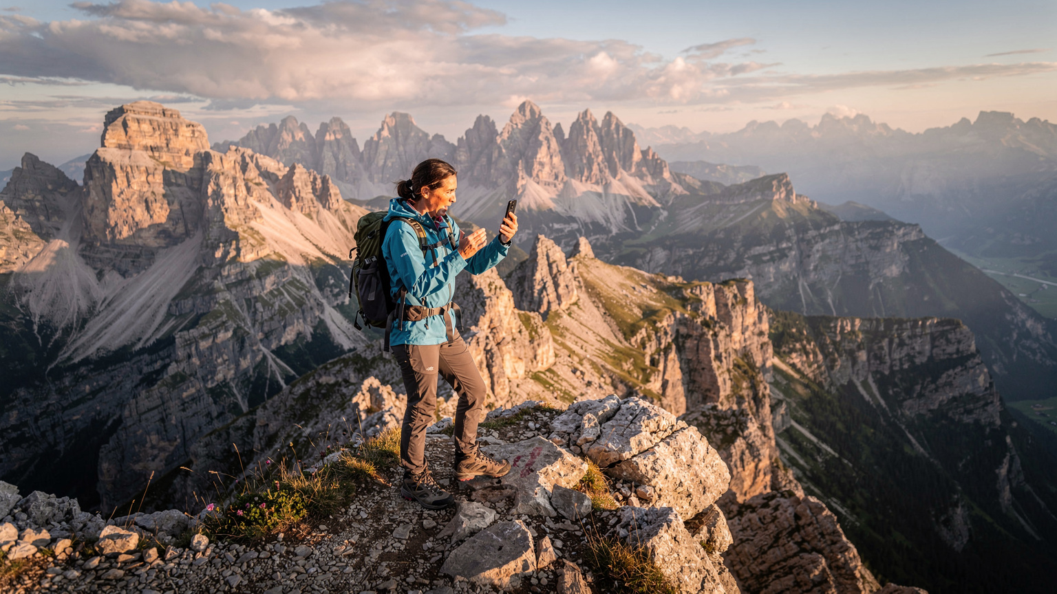 Una donna in cima a una montagna nelle Dolomiti, Italia, sta cercando segnale sul suo telefono, con un'espressione di lieve frustrazione. Il sole è basso nel cielo, creando lunghe ombre. L'inquadratura è grandangolare per catturare la vastità del paesaggio montano.
