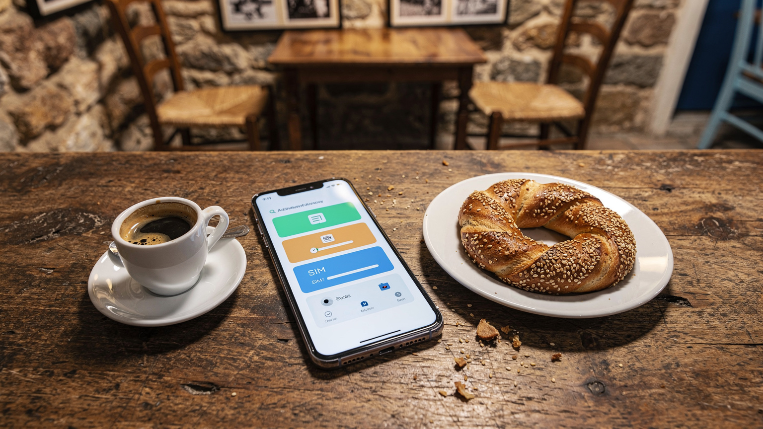 Ένα smartphone με την εφαρμογή Cellesim ανοιχτή, δείχνει την ενεργοποίηση ενός πακέτου eSIM, με φόντο έναν παραδοσιακό ελληνικό καφενείο με τοίχους από πέτρα και ξύλινα τραπέζια.