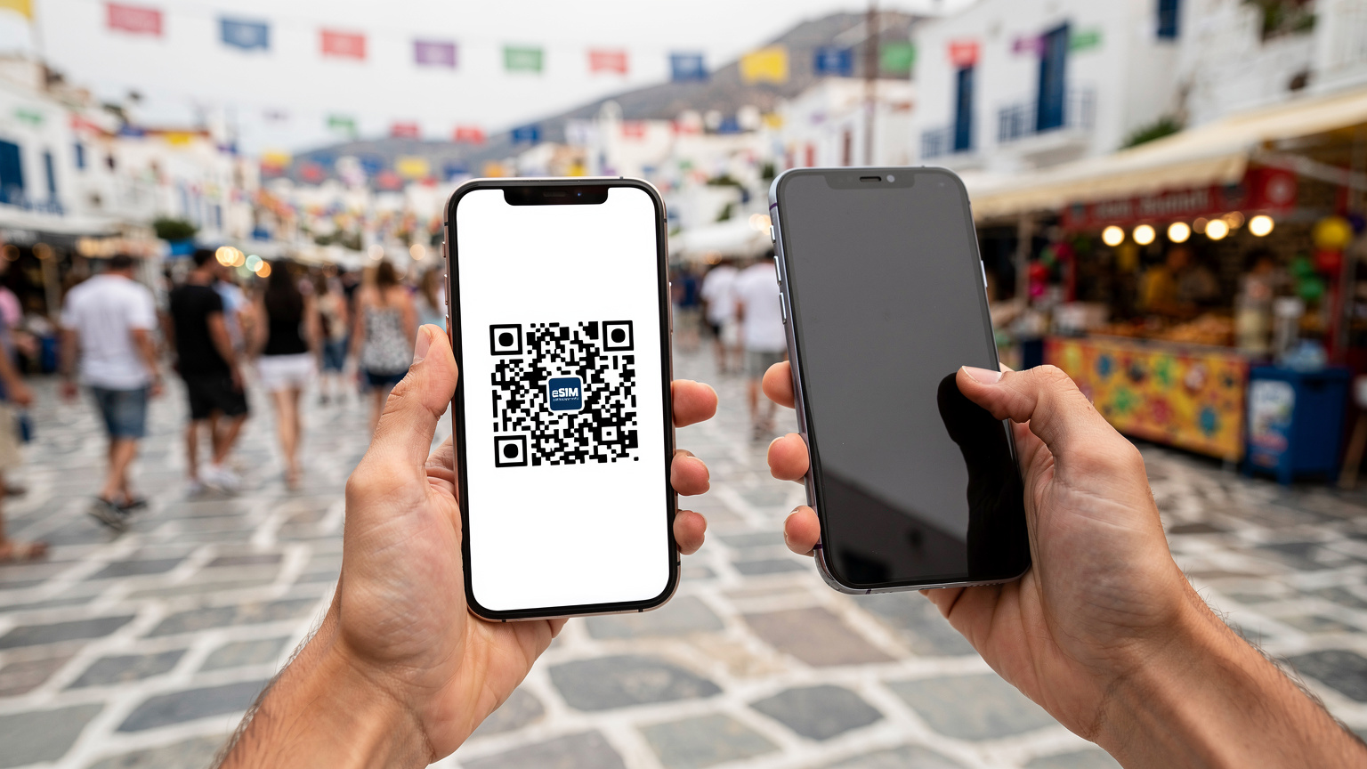 Ένας ταξιδιώτης χρησιμοποιεί το smartphone του για να σκανάρει έναν κωδικό QR και να ενεργοποιήσει την eSIM του, με φόντο έναν ζωντανό υπαίθριο χώρο φεστιβάλ στην Ελλάδα.