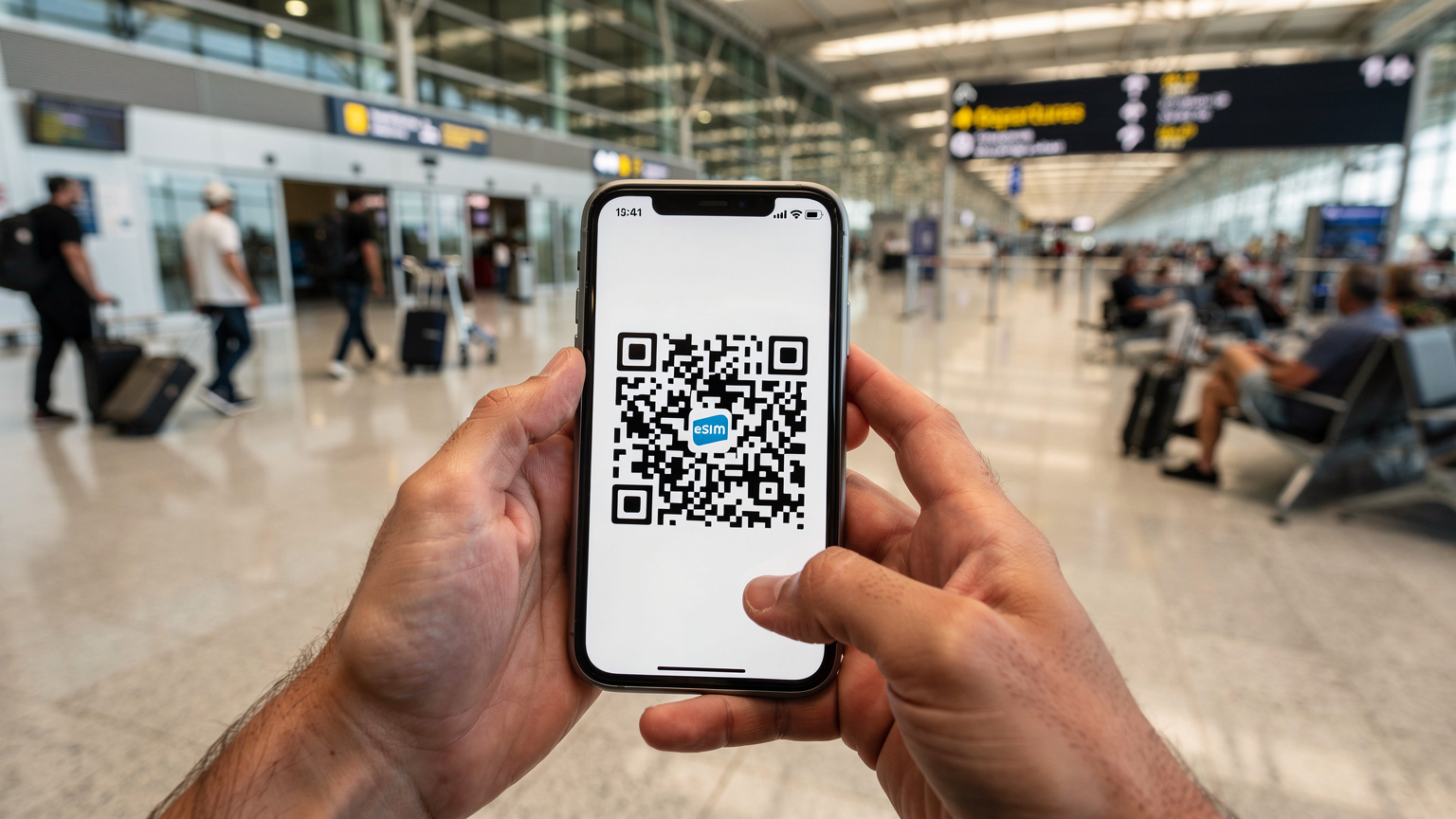 یک مسافر در حال اسکن کد QR برای فعال سازی eSIM خود در فرودگاه، با پس زمینه شلوغ ترمینال.