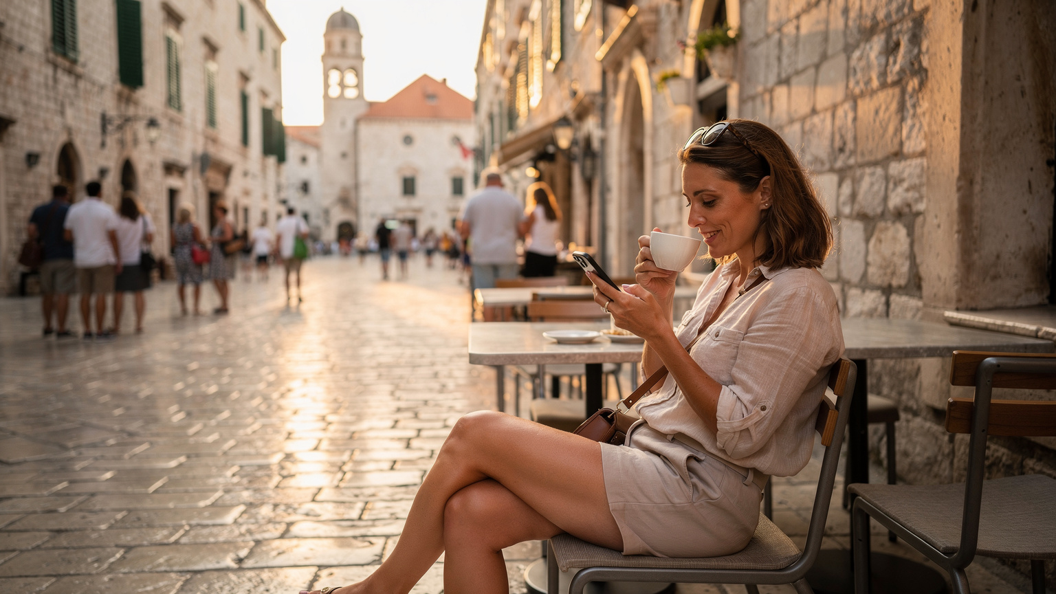 Ein Reisender betrachtet mit entspannter Miene sein Smartphone, während er auf einem belebten Platz in der Altstadt von Dubrovnik sitzt, eine Tasse Kaffee vor sich, und über eine Multi-eSIM mühelos online ist.