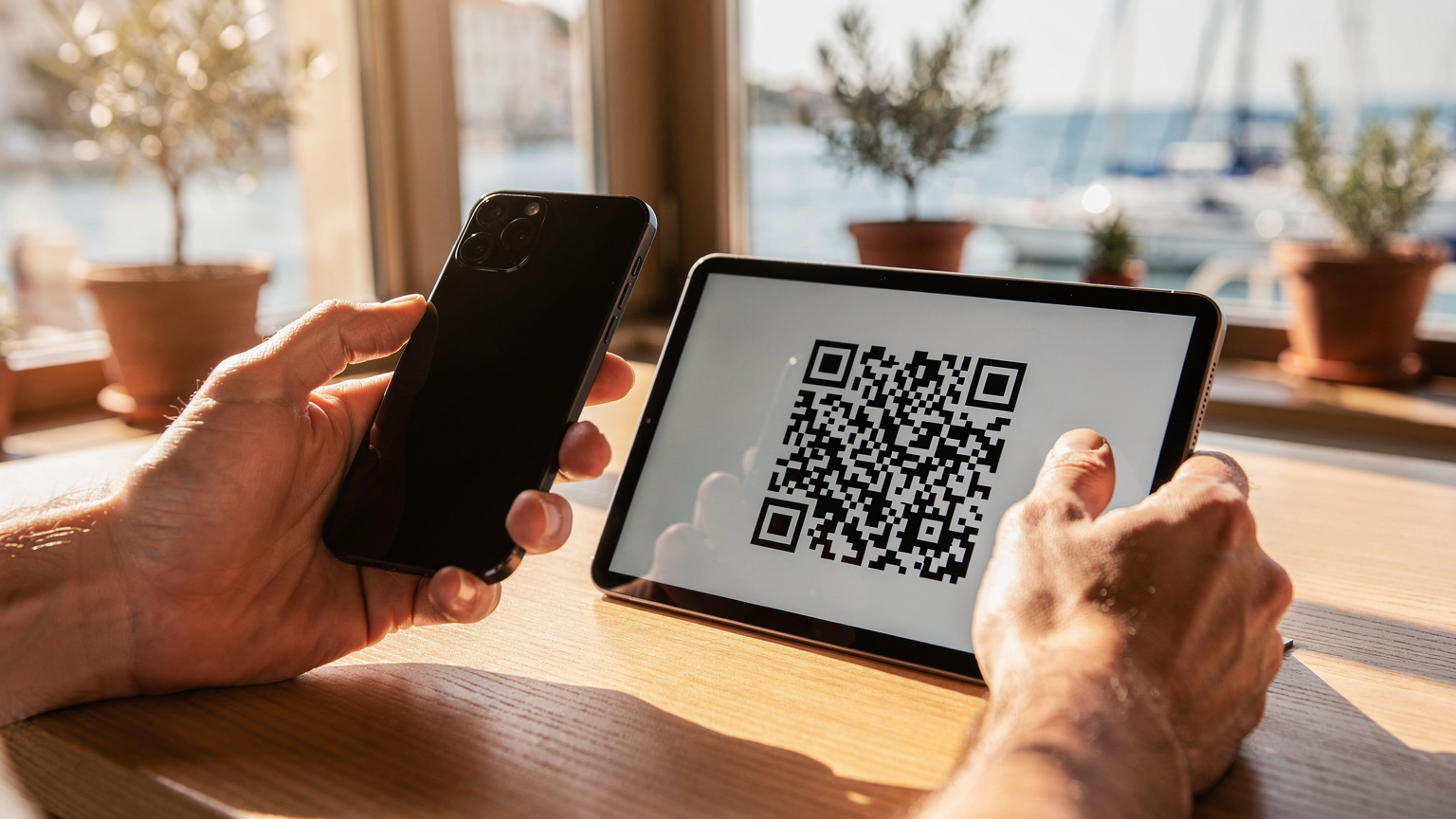 Nahaufnahme von Händen, die ein Smartphone halten und einen QR-Code scannen, der auf einem Tablet angezeigt wird, vor dem Hintergrund einer stilvollen Café-Umgebung in einem Hafen in Kroatien.