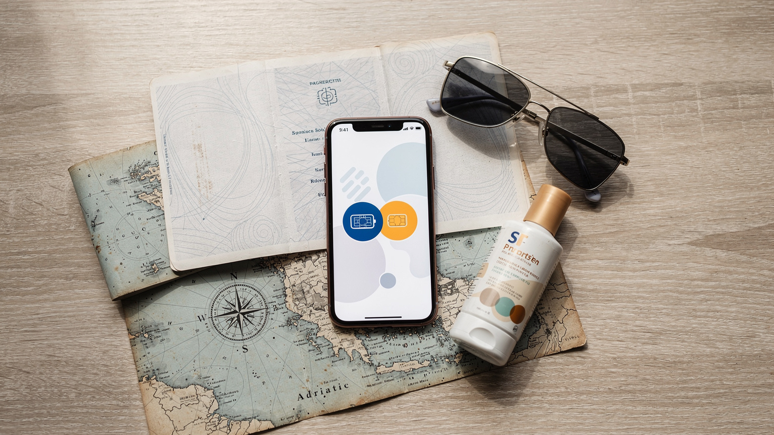 Eine stilvolle, minimalistische Overhead-Flat-Lay-Komposition zeigt Reiseutensilien: ein Smartphone mit einer eSIM-Profilanzeige, einen Reisepass, eine Sonnenbrille, eine kleine Flasche Sonnencreme und eine maritime Karte der Adria.