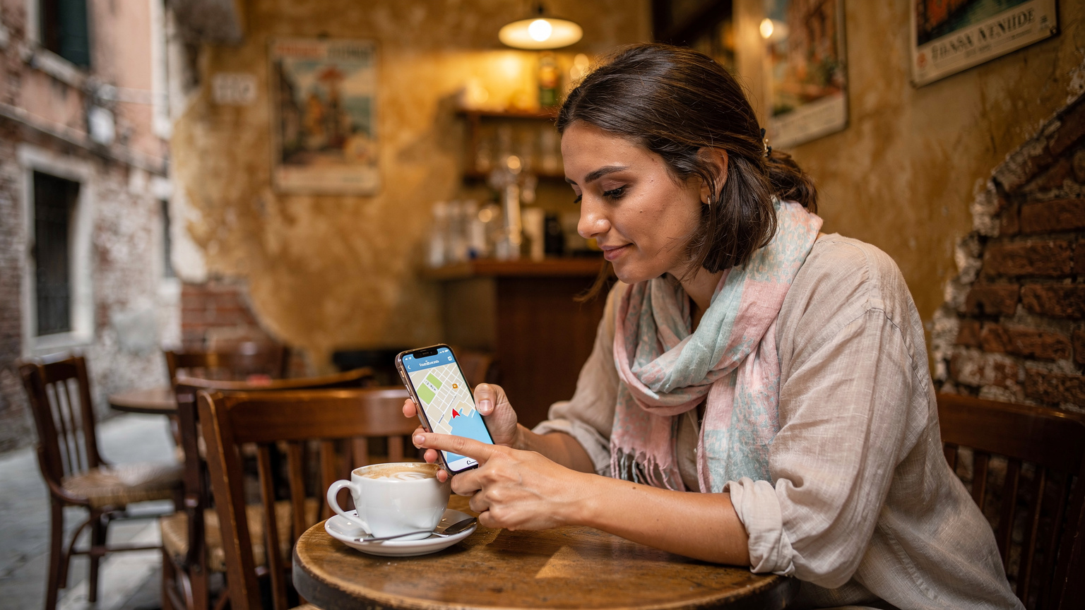 Eine junge Frau in einem charmanten Café in den engen Gassen von Venedig tippt auf ihrem Smartphone, auf dem eine Offline-Karte der Stadt zu sehen ist, während sie einen Cappuccino genießt.