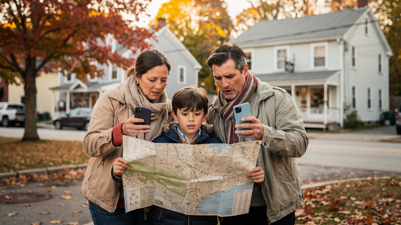 A family of three, a couple and their child, gathered around a large folded paper map in a charming, small rural New England town square, their smartphones in their hands displaying 'No Service' messages, with vibrant fall foliage in the background.