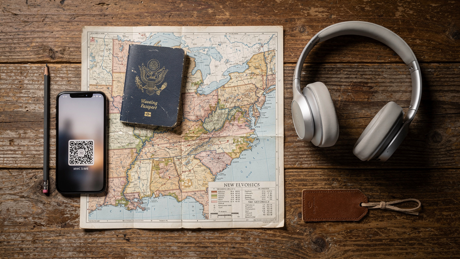 An overhead flat-lay of a travel planner's essentials: a passport, smartphone with an eSIM QR code partially visible, headphones, and a detailed map of New England foliage routes, all on a rustic wooden table.