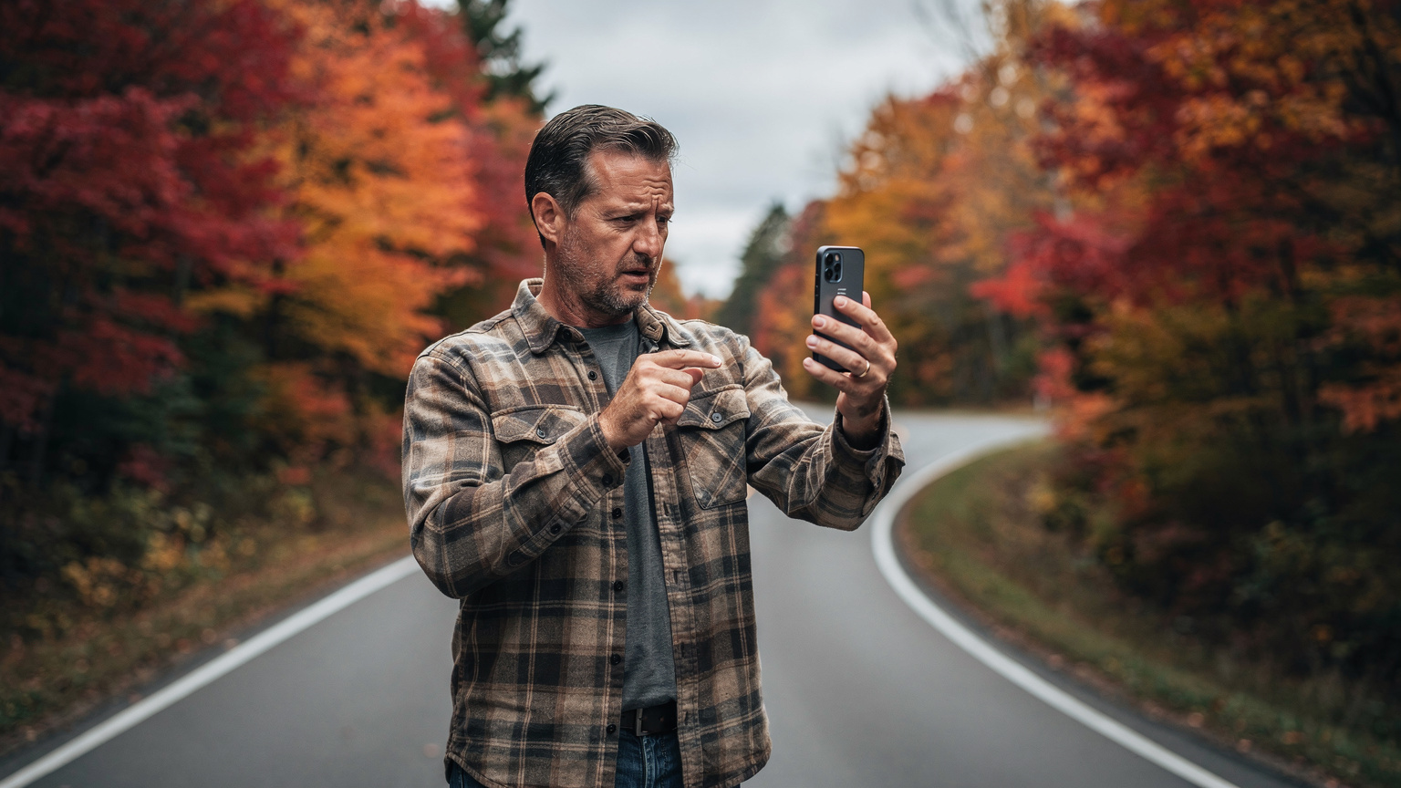 A traveler holds up a smartphone displaying a 'No Service' message, looking frustrated amidst a scenic, tree-lined rural road in New England.