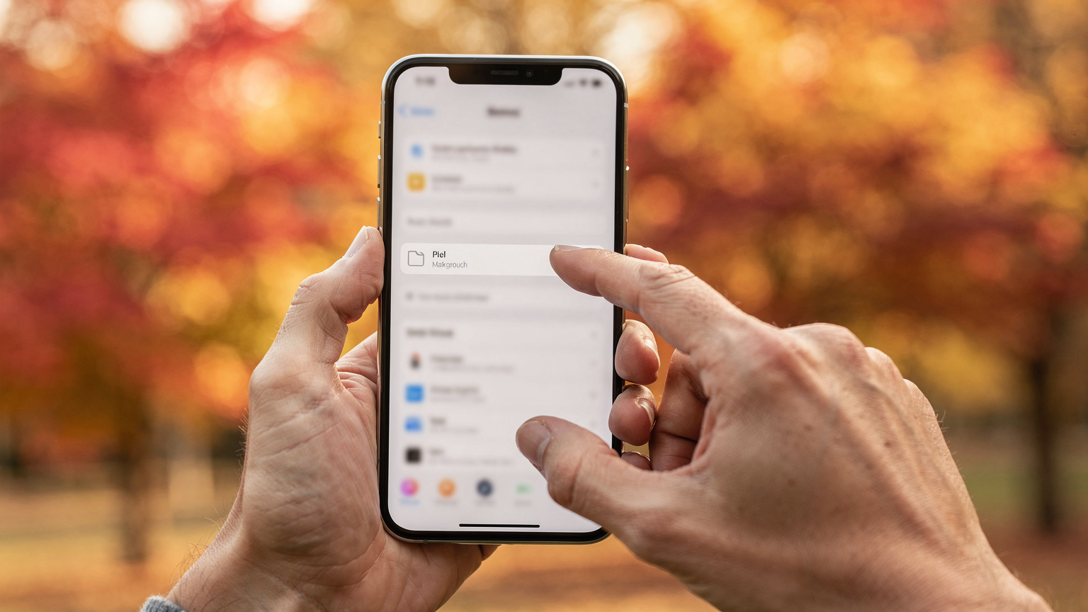 Close-up of human hands adjusting phone settings, specifically disabling background app refresh, with blurred New England foliage in the background.