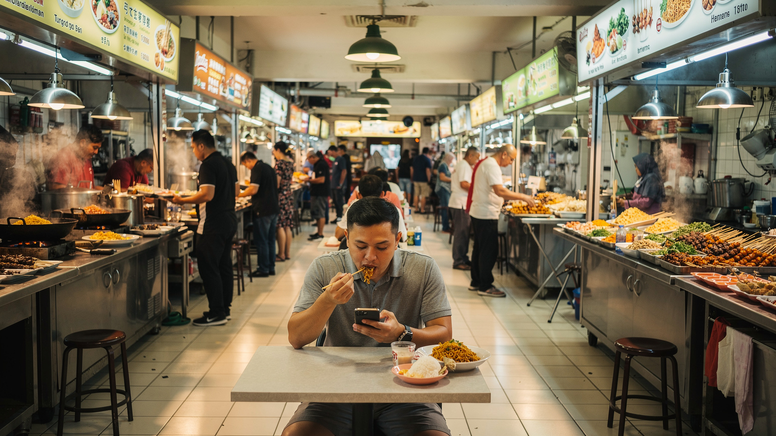 Suasana sibuk di food court Lot 10 Hutong, Kuala Lumpur, dengan beragam makanan halal yang menggoda selera dan beberapa orang sedang asyik menggunakan ponsel.
