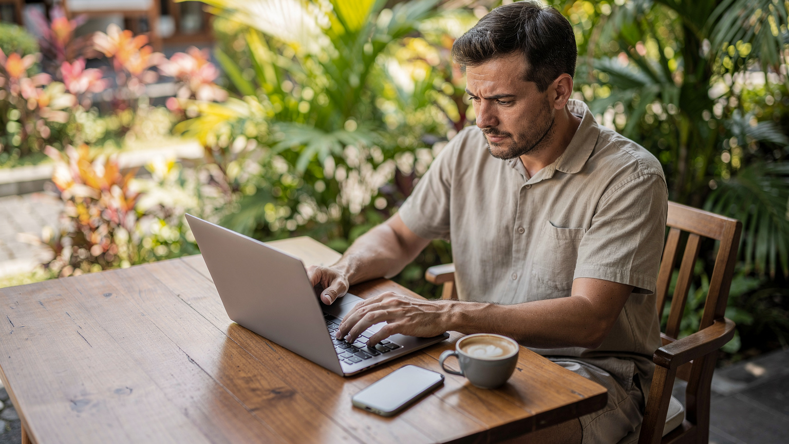 Seorang pria sedang duduk di sebuah kafe di daerah Legian, Bali, dengan laptop dan smartphone di meja, menikmati kopi sambil terhubung ke WiFi gratis.