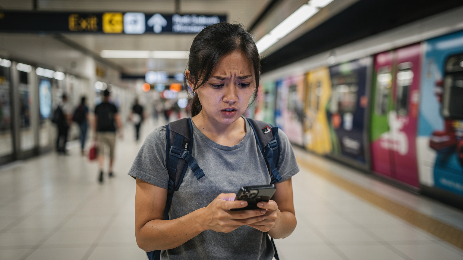 Seorang traveler wanita dengan ekspresi bingung dan frustrasi sedang melihat layar ponselnya yang menunjukkan tidak ada sinyal atau koneksi, di tengah keramaian stasiun MRT di Singapura.