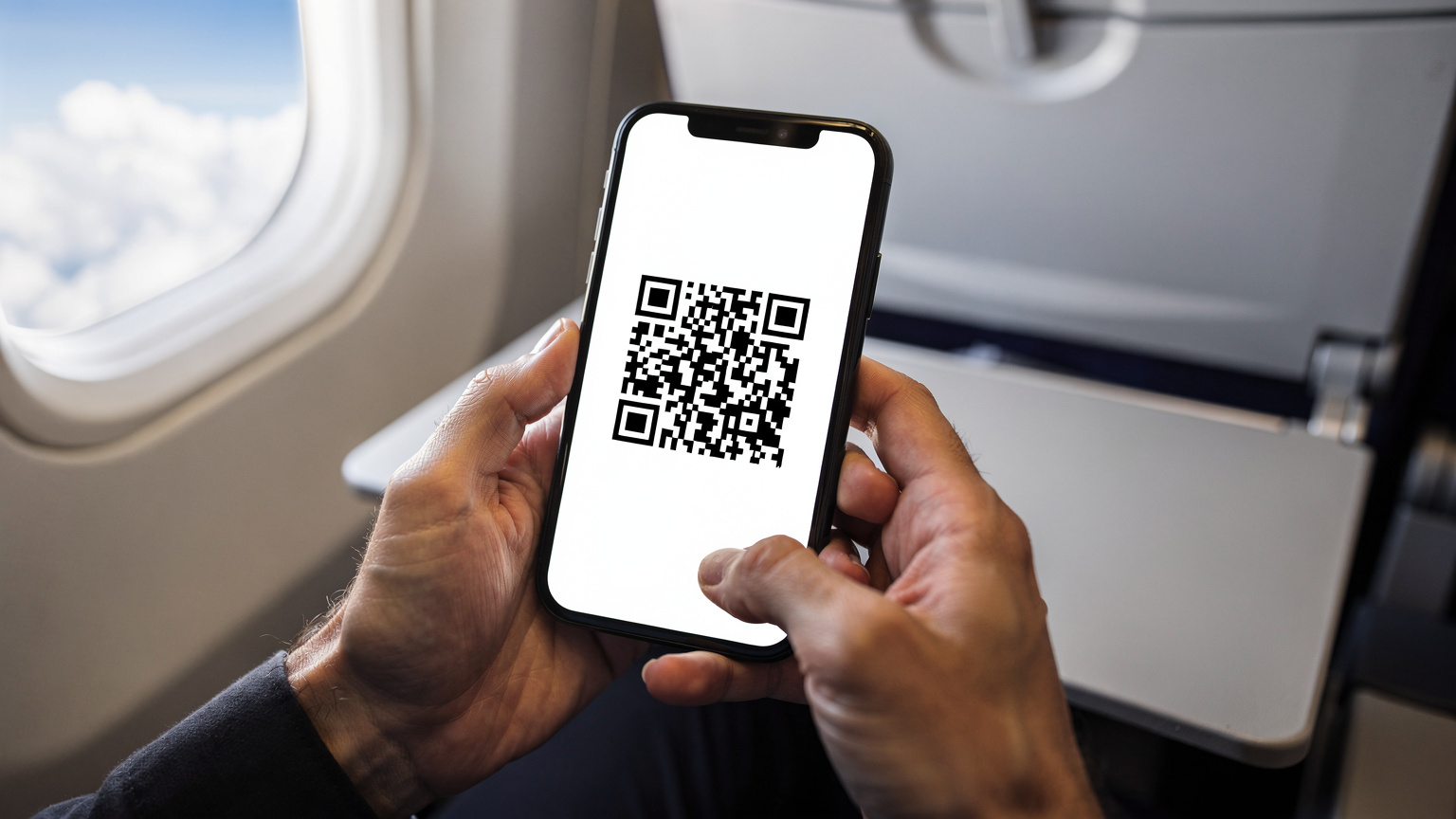 Руки держат смартфон, на котором отображается страница с QR-кодом для активации eSIM, на заднем плане видны размытые элементы интерьера самолета, символизирующие подготовку к полету.