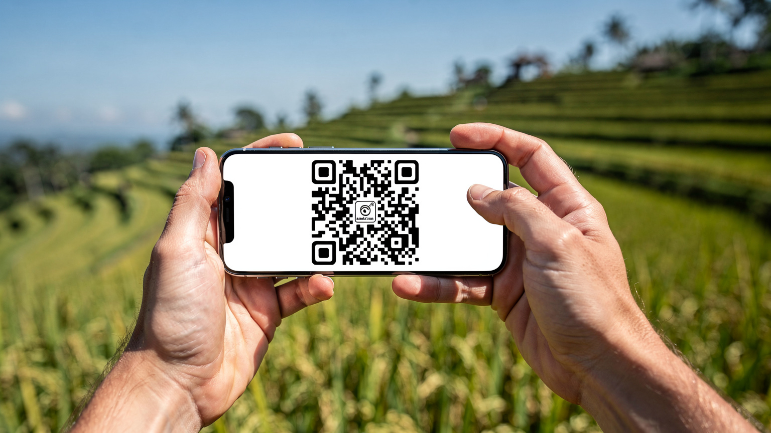 Tangan seorang traveler sedang memegang ponsel dengan layar yang menampilkan kode QR untuk aktivasi eSIM, dengan latar belakang pemandangan persawahan terasering di Jatiluwih, Bali.