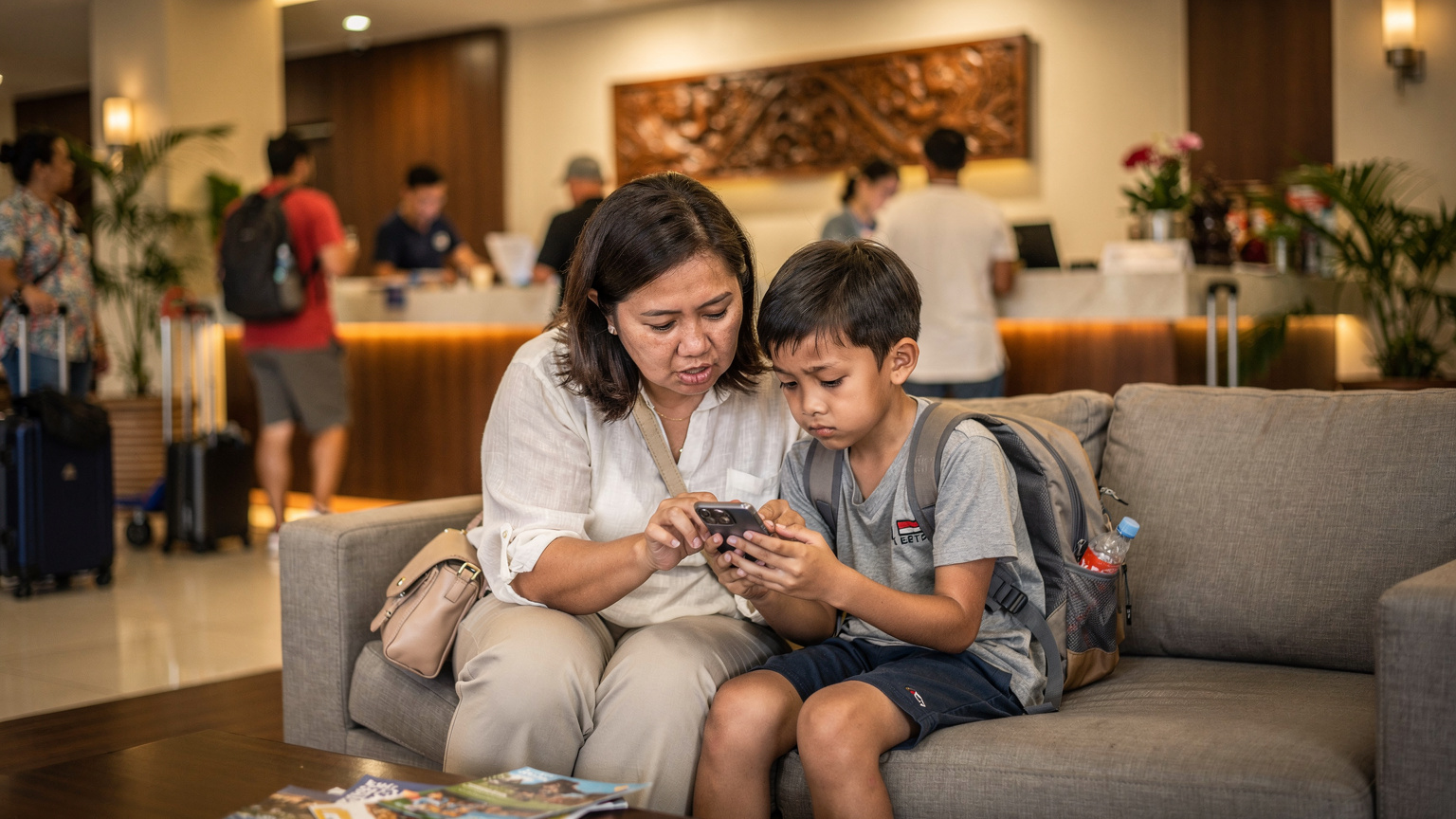 Seorang ibu sedang membantu anaknya mengoperasikan ponsel untuk mencari koneksi Wi-Fi di lobi hotel yang ramai di daerah Kuta, Bali, dengan ekspresi sedikit cemas karena kesulitan koneksi.