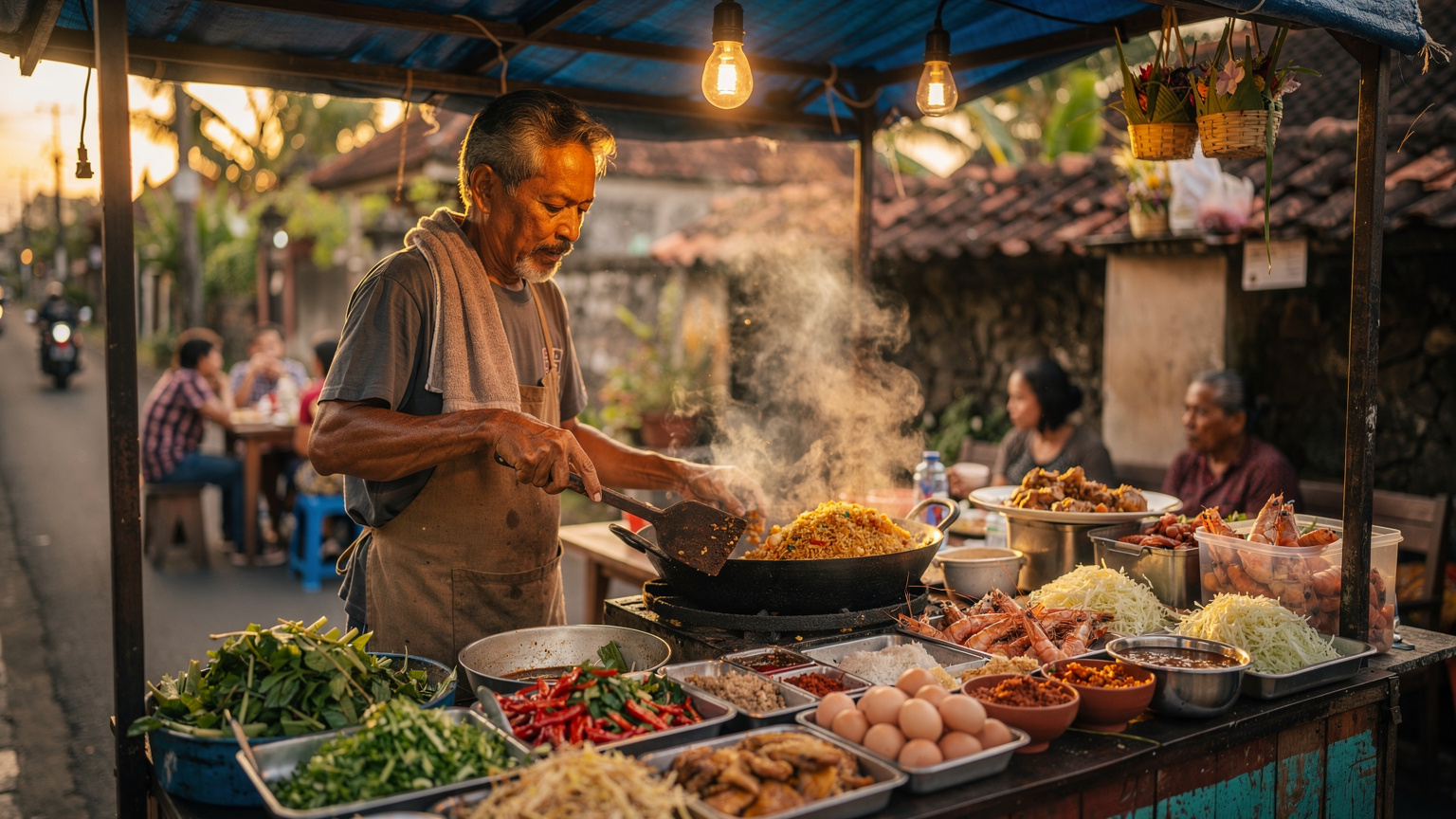 Seorang pedagang nasi goreng di warung pinggir jalan di daerah Sanur, Bali, sedang sibuk melayani pelanggan, menunjukkan suasana kuliner lokal yang ramai dan autentik.