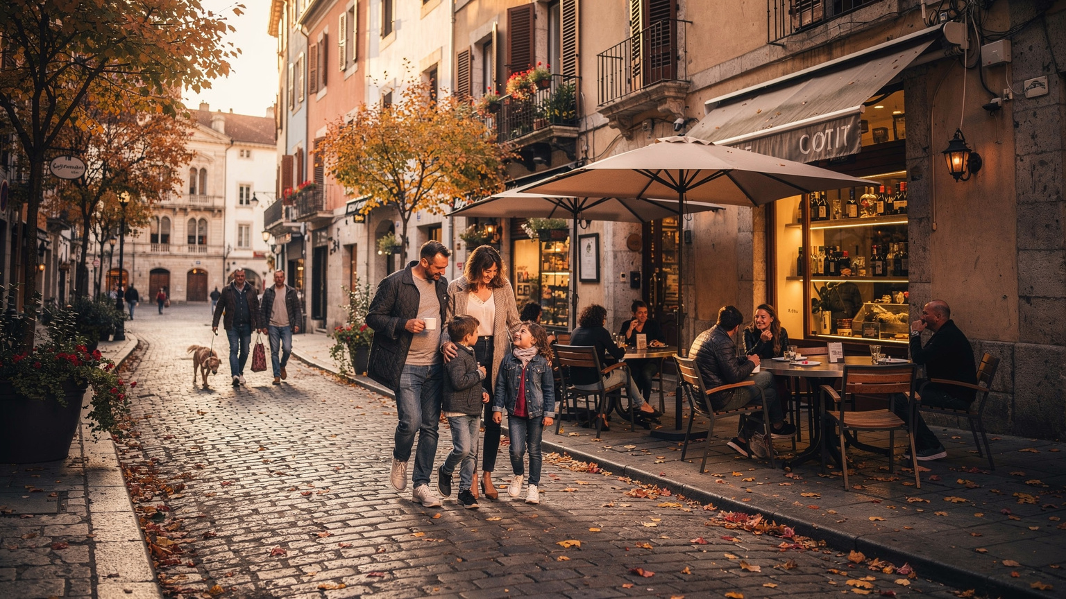 A bustling street scene in a European city during autumn, with people (including a family) walking past an outdoor cafe with warm lighting, indicating a lively and connected travel experience.
