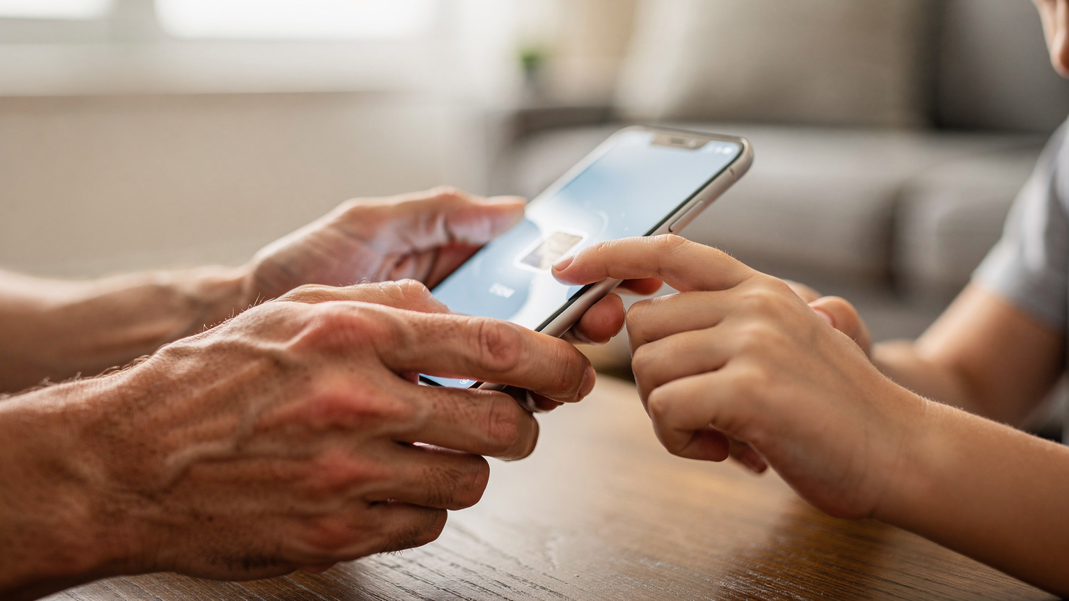 Close-up of a pair of hands, possibly a parent's and a child's, interacting with a smartphone screen to activate an eSIM, showing the ease of digital setup for family travel.