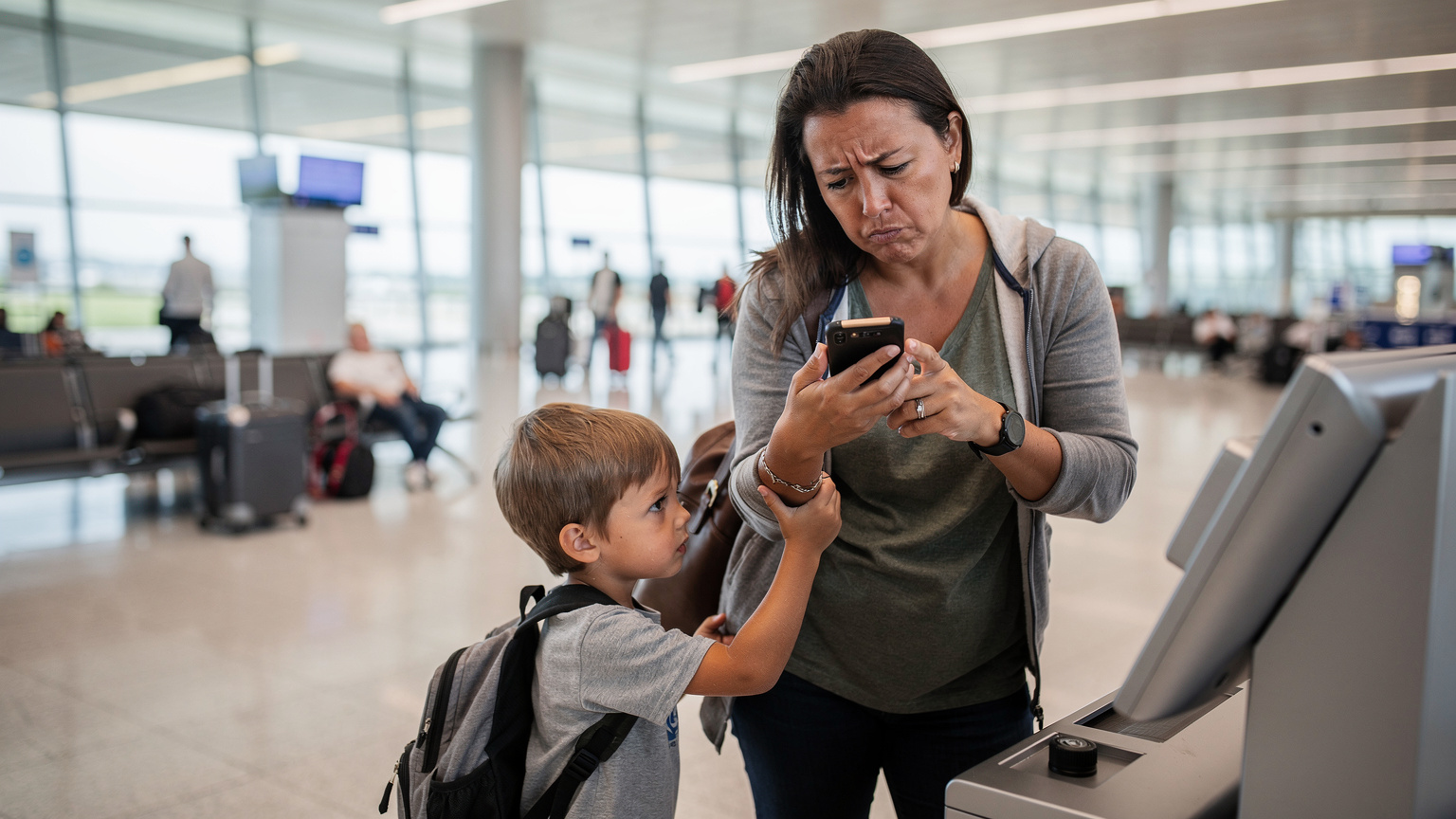 A frustrated parent at an airport kiosk, looking intently at a smartphone with a worried expression, while a child tugs at their sleeve, illustrating the common travel pain point of connectivity issues.