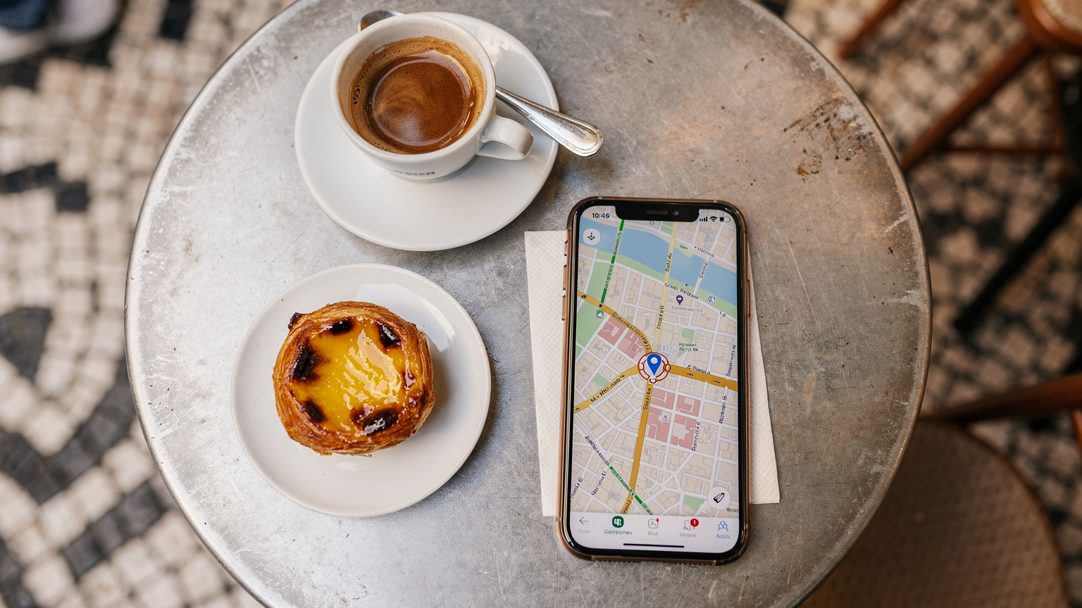 Uma mesa de café ao ar livre no Chiado, Lisboa, com um iPhone 18 exibindo um mapa detalhado do Google Maps para navegação, acompanhado por um pastel de nata e uma bica (café expresso português) em xícara branca, simbolizando a integração da tecnologia com a cultura local.