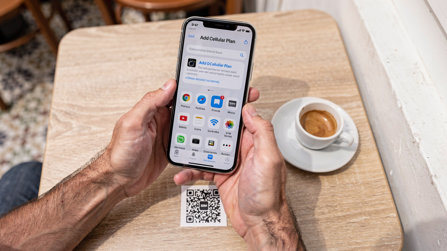 Mãos de um homem segurando um iPhone 18, com a tela exibindo o menu 'Adicionar Plano Celular' e um QR code de eSIM sendo escaneado, em uma mesa de café de madeira clara na Baixa, Lisboa, com um copo de café ao lado.