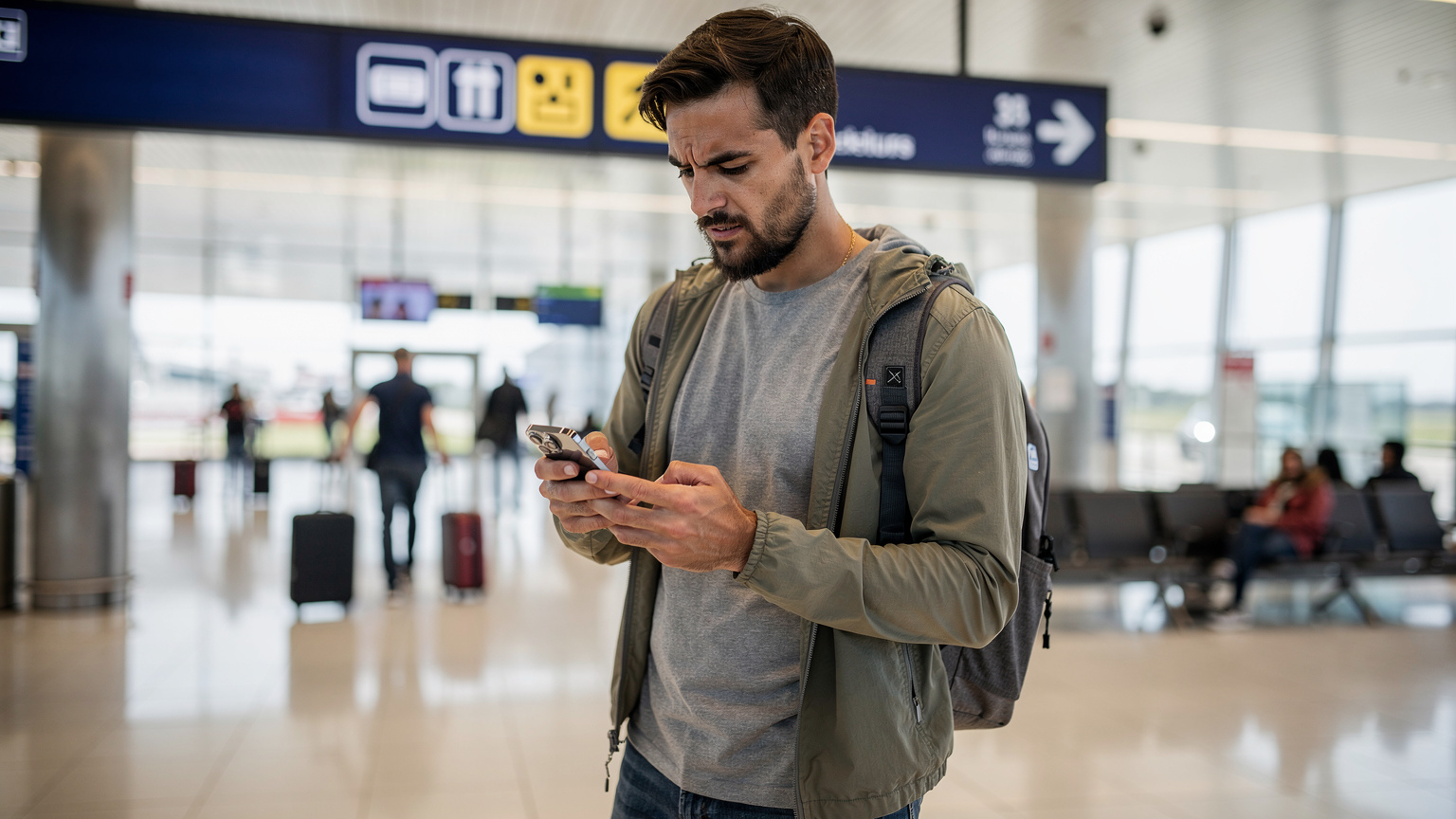 Um viajante com um iPhone 18 na área de desembarque do Aeroporto de Lisboa, olhando para o seu dispositivo com uma expressão de frustração, ponderando sobre onde encontrar uma loja para comprar um chip físico, enquanto outros passageiros passam ao fundo.