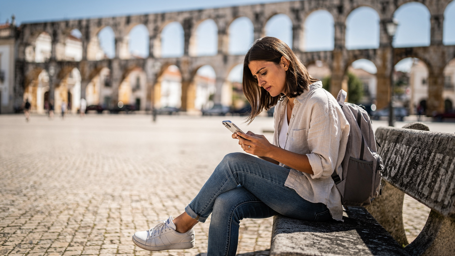 Uma mulher jovem com uma mochila, sentada em um banco de praça em Évora, Portugal, olhando para o seu iPhone 18 com uma expressão ligeiramente preocupada, enquanto tenta solucionar um problema de conectividade do eSIM. Ao fundo, o icônico Aqueduto da Água de Prata.