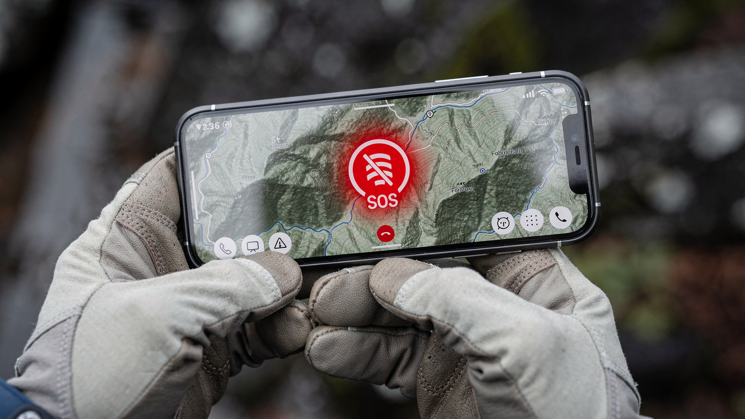 Nahaufnahme der Hände einer Person, die auf einem Smartphone-Bildschirm eine topografische Wanderkarte in einer Notfallsituation betrachtet, mit einer roten SOS-Taste deutlich sichtbar.