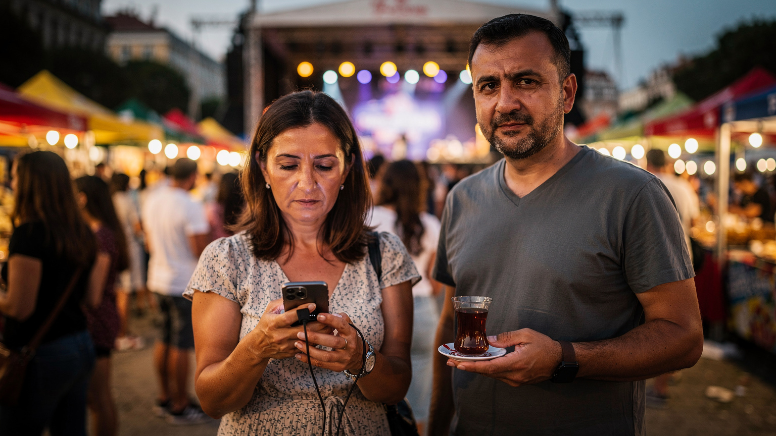 Bir annenin, festival kalabalığı içinde çay içen bir babanın hemen yanında, elinde şarj aleti ve powerbank ile telefonunu şarj etmeye çalıştığı bir an.