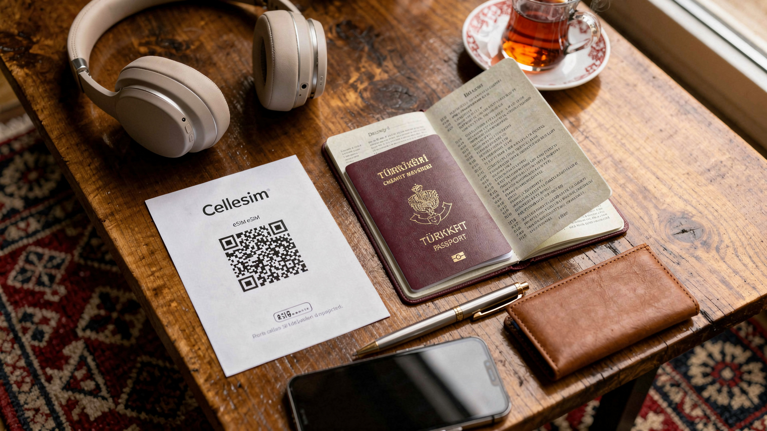 Bir Türk pasaportu, Cellesim eSIM QR kodu ve kulaklıkların bir kafede masanın üzerinde durduğu, seyahat hazırlığını gösteren editöryel bir düz çekim.